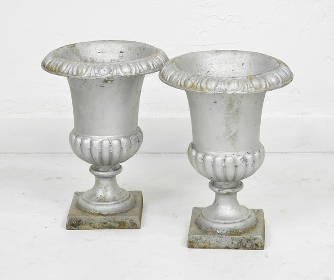 Pair Small Brushed Silver Iron Urn Planters