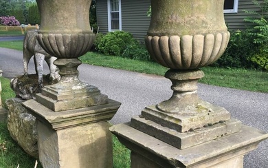 Pair of 18th C Carved Yorkstone Urns Owned by the Duke of Marlborough