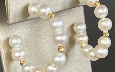 Pair of 7mm White Pearl Hoop Earrings, 18k Gold Bead Accents