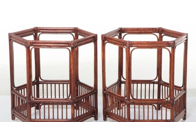 Pair of Chinese Chippendale Style Rattan Side Table Bases, Mid to Late 20th C.