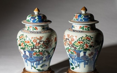 Pair of Chinese Wucai Glazed Porcelain Jars