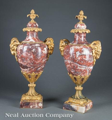 Pair of Empire-Style Marble and Bronze Urns