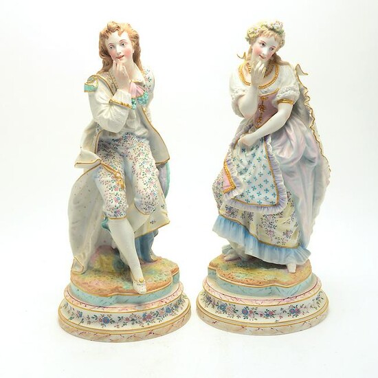 Pair of French Bisque Porcelain Painted Figures of a