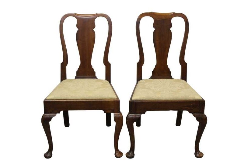 Pair of George I walnut side chairs, each with solid vase shaped splat on cabriole legs