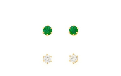 Pair of Gold and Emerald Stud Earrings and Diamond Stud Earrings