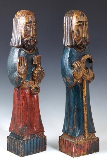 Pair of Polychromed Carved Wood Saints Figures, 19th