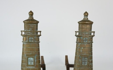 Pair of Vintage Bronze Figural Lighthouse Andirons