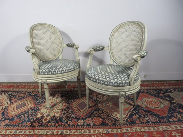 Pair of armchairs with medallion back in cream...