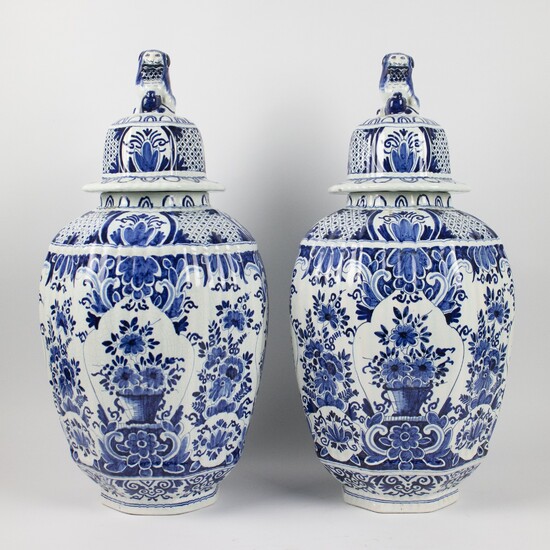 Pair of blue and white lidded pots, Northern France, 19th century