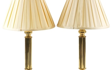 Pair of classical brass Corinthian column table lamps with s...