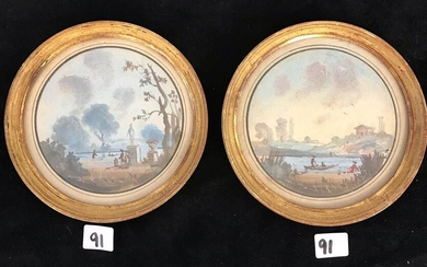Pair of early French Miniature round Watercolors