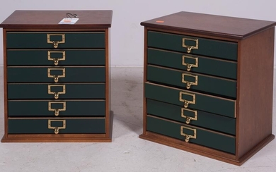 Pair walnut and leather table top file drawers