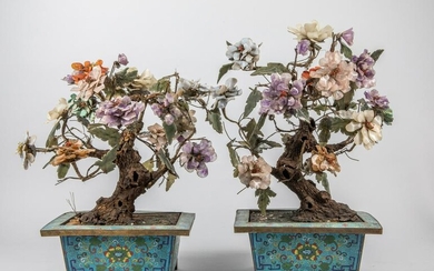 Pairs of Tall Chinese Cloisonne Bonsai with Jade