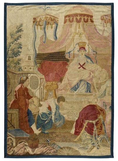 Panel cut out of fine tapestry of Aubusson (France), From the first Chinese drapes after Blain de Fontenay. L'audience du Prince In silk and wool First part of the 18th century 207 x 150 cm (maintenance restorations, colour highlights, probably a...