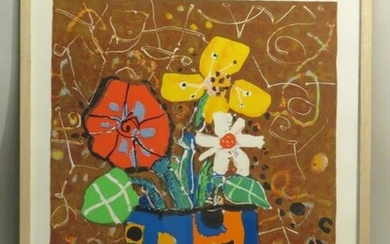 Paul AIZPIRI (1919-2016). Le vase fleuri. Lithographie couleurs sur papier Vélin, signée de la main de l'artiste en bas à droite et justifiée "E.A." en bas à gauche. Haut : 75 cm Larg : 61 cm (à vue).