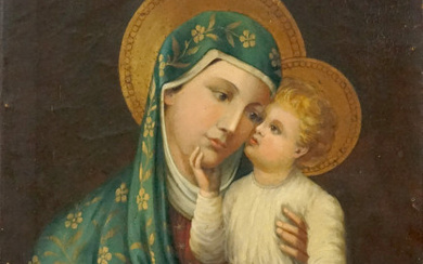 Pittore del XIX-XX secolo, Madonna col Bambino, olio su tela, cm 70x49