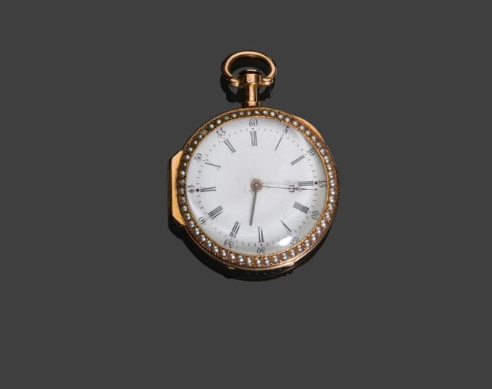 Pocket watch in 750 thousandth yellow gold, white enamelled dial, hour markers, Roman numerals, bezel and back decorated with a line of half pearls, painted enamelled back of Mars and Venus, 1838-1893 (half pearls are missing) gross weight 39.1 g.