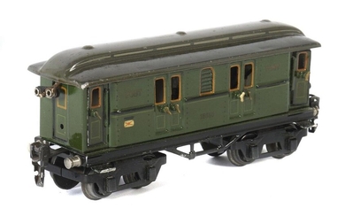 Postal coach Märklin, track 0, green HL, inscription ''Post'', 4 doors to open, BZ 1929-33, L: 21,5 cm. Signs of age, part. Damage to the paintwork by paper.