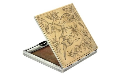 Powder box, Antique compact case with mirror- .750 (18 kt) gold, .800 silver - France - Late 19th century
