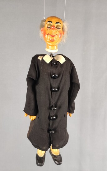 Puppet from the puppet theatre "Priest", polychrome painted ceramic, grey hair wreath made of rabbi