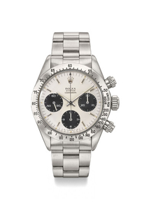 ROLEX. A FINE STAINLESS STEEL CHRONOGRAPH WRISTWATCH WITH BRACELET, BLANK GUARANTEE, BROCHURES, BOX AND “SIGMA DIAL”, SIGNED ROLEX, OYSTER, COSMOGRAPH, DAYTONA, REF. 6265, CASE NO. 3’362’577, CIRCA 1973