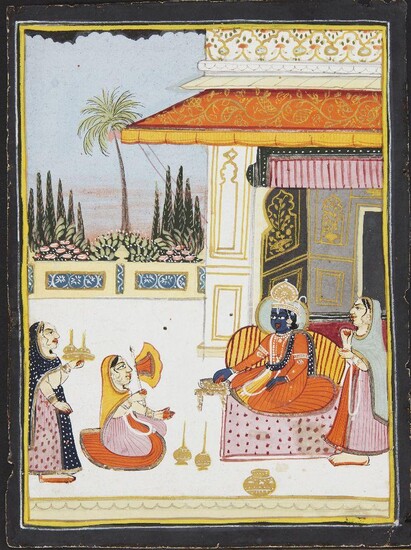 Rama and Sita seated on a terrace in conversation with attendants, Mewar, 19th century, opaque pigments on paper, 18 x 13.1cm Provenance: Private German Collection formed in the 1970s