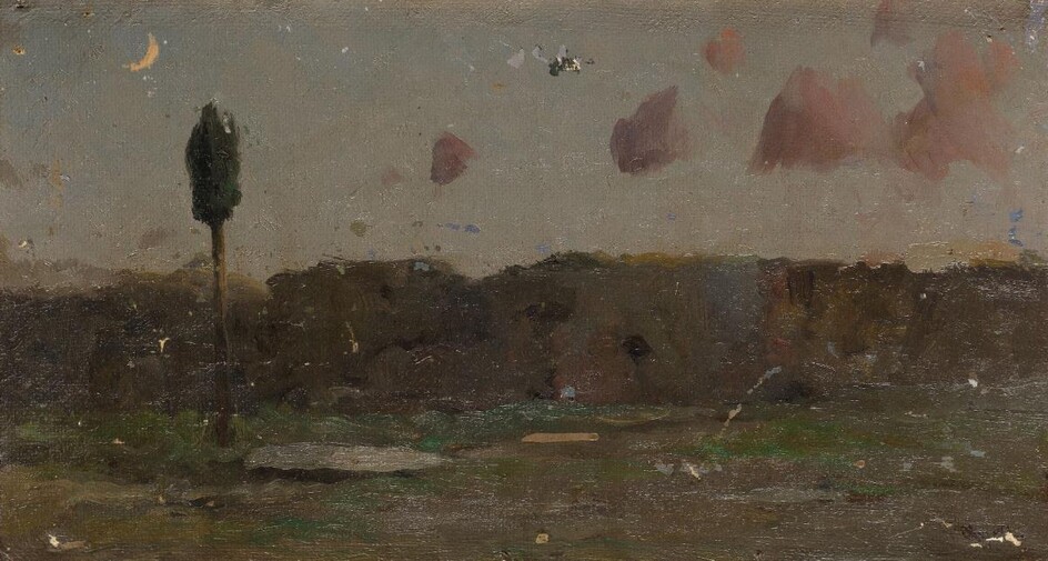 Ricardo Urgell Carreras, Spanish 1874-1924- A moonlit pastoral landscape with a tree; oil on board, signed 'Urgell.' (lower right), 24.6 x 45 cm.