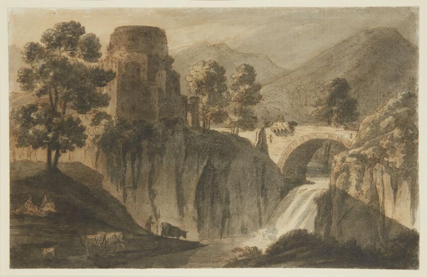 Robert Adam, F.R.S., F.S.A., British 1728-1792- River landscape with a castle on an escarpment; pen and brown ink, wash, and watercolour on paper, 20 x 31.5 cm. Provenance: With Martyn Gregory, London.; With Aitken Dott & Son, Edinburgh [no.4867]...