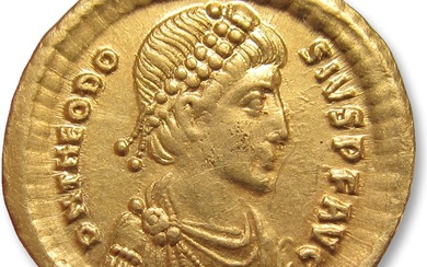 Roman Empire. Theodosius I (AD 379-395). Solidus Constantinople mint, 1st officina 388-392 A.D. - VOT / X / MVLT / XV on shield