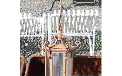 Rustic French style wrought iron lantern, approx 104cm H