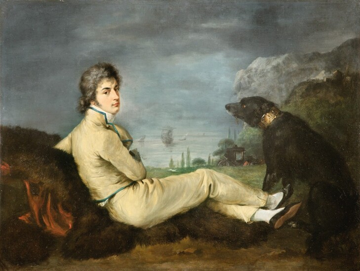 SPANISH SCHOOL, CIRCA 1780 | PORTRAIT OF AN ARTIST WITH HIS DOG IN A LANDSCAPE