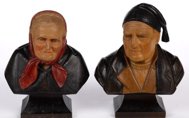 SWISS BLACK FOREST CARVED WOOD PAIR OF BUSTS