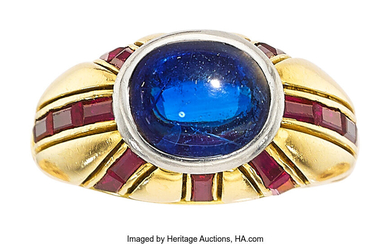 Sapphire, Ruby, Platinum, Gold Ring Stones: Sapphire cabochon; rectangle...