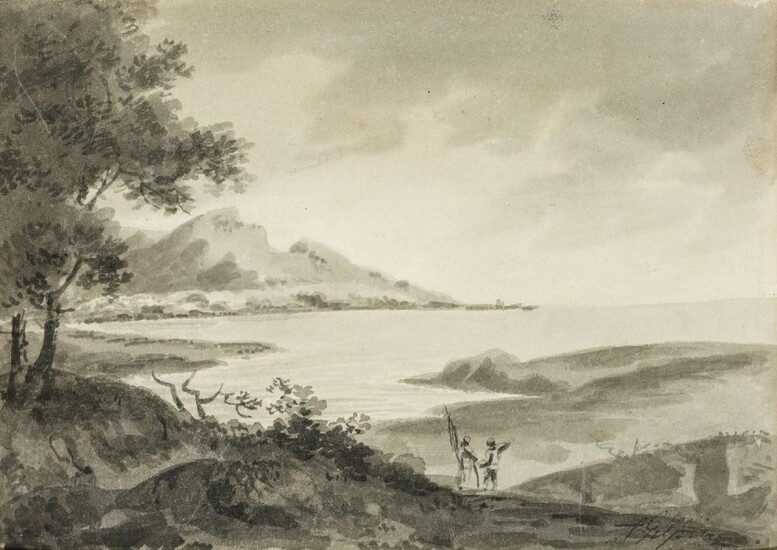 Sawrey Gilpin, RA, British 1733-1807- A hilly landscape with a lake and two figures; grey wash on paper, signed in pen and black ink 'S. Gilpin' (lower right), 15.2 x 21.5 cm. Provenance: with Abbot & Holder, London.; Private Collection, UK.