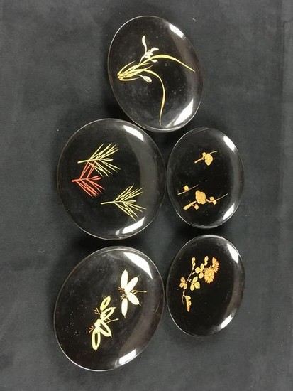 Set of 5 Vintage Hand painted Lacquer ware Plates