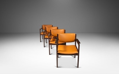Set of Four ( 4 ) Danish Modern Arm Chairs in Solid Mahogany & Caramel Leather by Danish Overseas