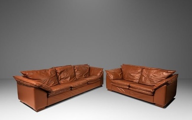 Set of Two (2) Modern Low Profile Sofas in Cognac Brown Leather in the Manner of Niels Eilersen USA