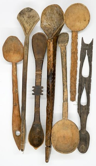 Seven Antique Carved Wood Ethnic Spoons