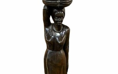 Signed African Hand Carved Wooden Statue Women Carrying