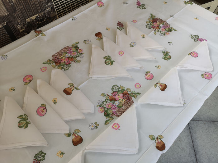 Spectacular Tablecloth x12 Handmade Full Stitch - 270 x 175 cm - Linen