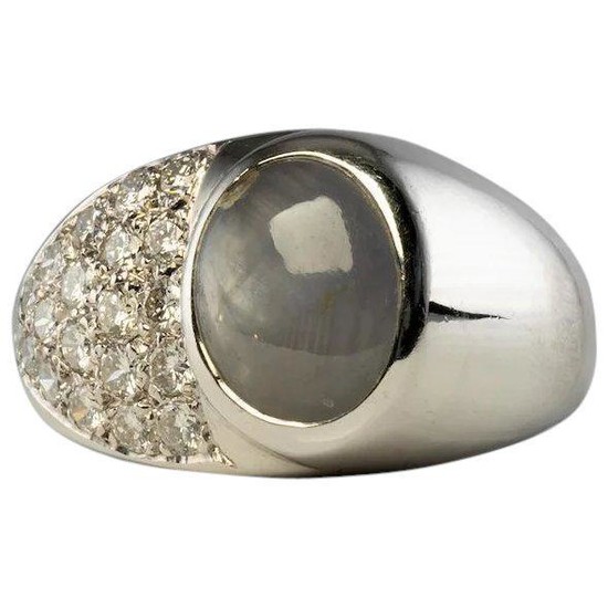 Star Sapphire Diamond Men's Ring 14K White Gold