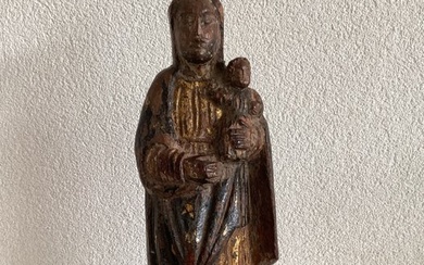 Statue, Antiek Polychroom houten beeld van Maria met kind - 23 cm - Wood - 1860