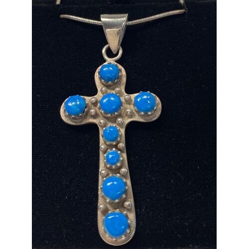 Sterling Silver 925 Turquoise Cross on an 18" Sterling Ssilv...