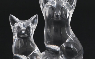 Steuben Art Glass "Fox" Figurines Designed by Lloyd Atkins, Late 20th Century