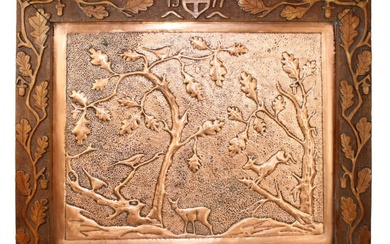 Swiss copper relief panel in Black Forest carved frame with...