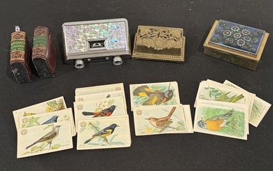 TABLE TOP ITEMS INCLUDE TWO BOOK FORM TAPE MEASURES , OPERA GLASSES, ENAMEL BOX ETC. 5" X 3" AND