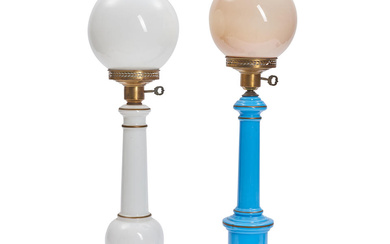 TWO FRENCH OPALINE GLASS TABLE LAMPS