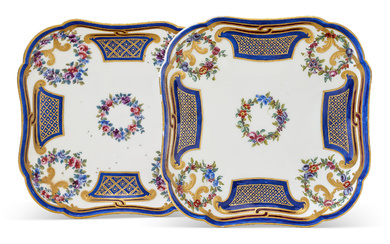 TWO SEVRES PORCELAIN SHAPED-SQUARE DISHES (COMPOTIERS CARRE) CIRCA 1762-1763, BLUE...