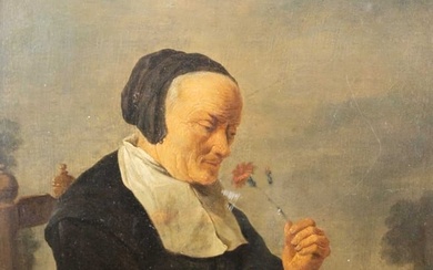 Teniers, David II - Portrait d'une femme à la fleur et son chiot