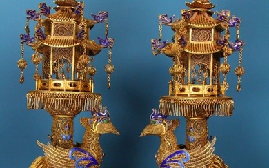 Thread gilt set gem phoenix-bird tower pair